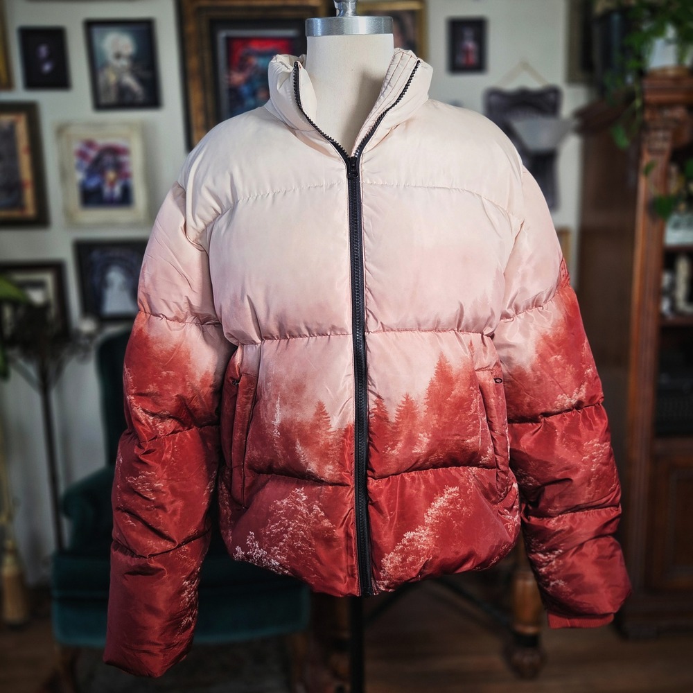 Bravest Studios Puffer Jacket Forest Print Ombre Red White Mens XL Coat Padded